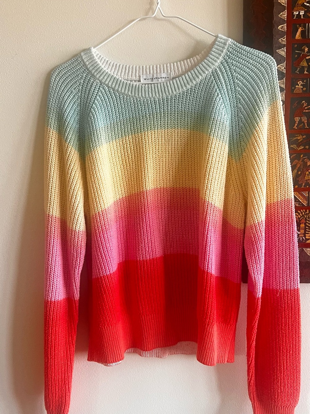 White + Warren Multicolor Striped Crewneck Sweater in Aqua, Yellow, Pink, Red